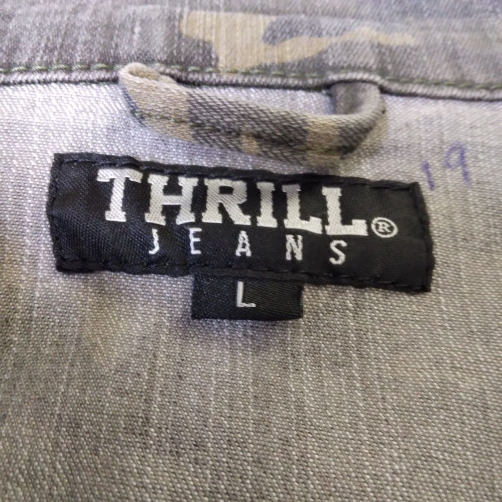 Thrill Jeans Denim Jacket Green Camo Distressed Frayed Grunge Womens Large - Picture 5 of 11